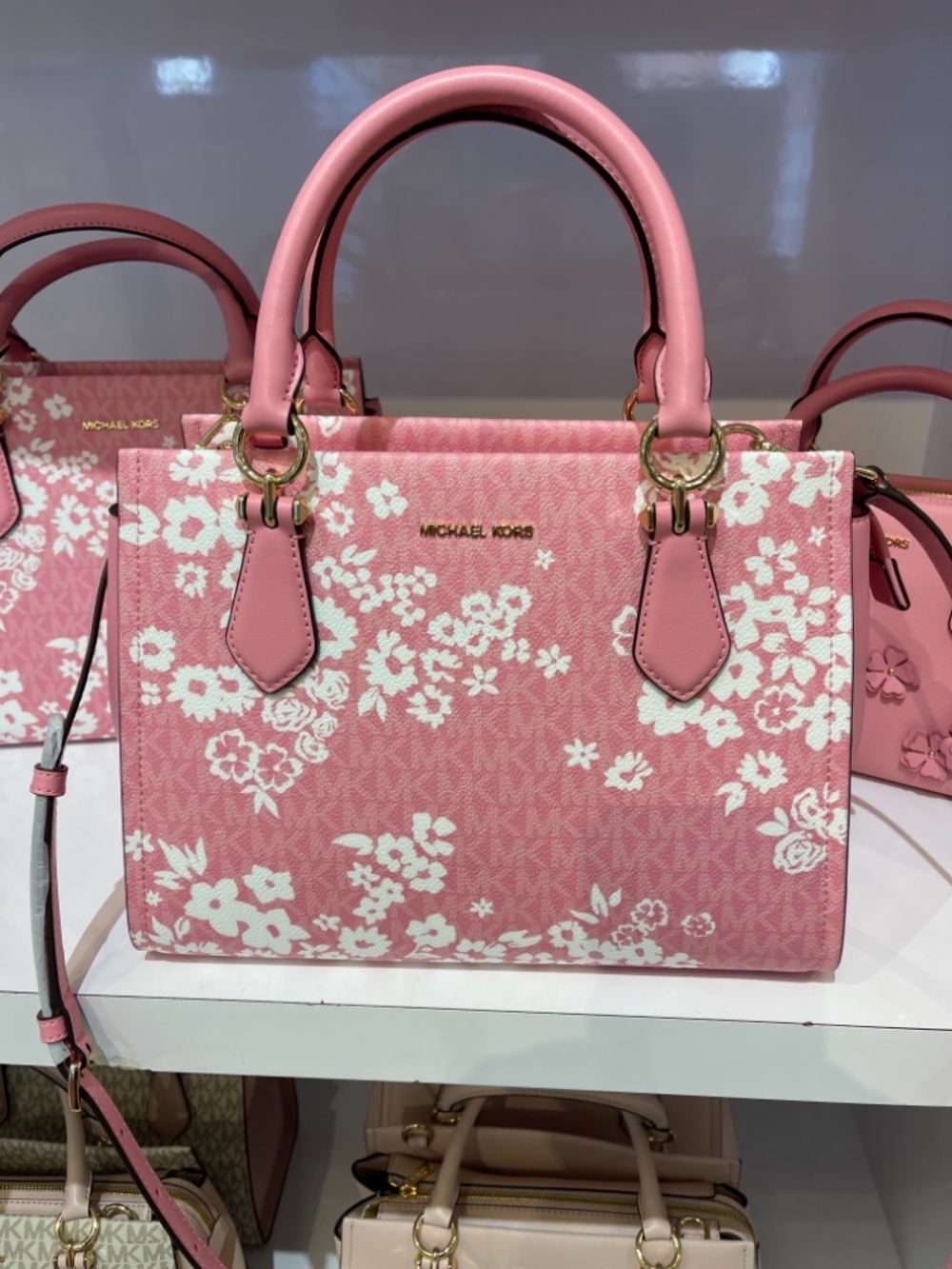 MICHAEL KORS Marilyn Medium Printed Signature Logo Satchel Crossbody Carnation - Picture 2 of 16